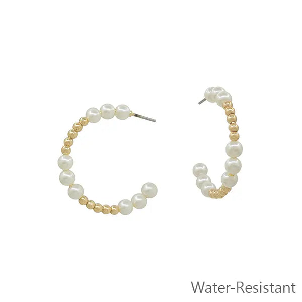 Gold Beaded and Pearl Beaded `1" Hoop Earrings
