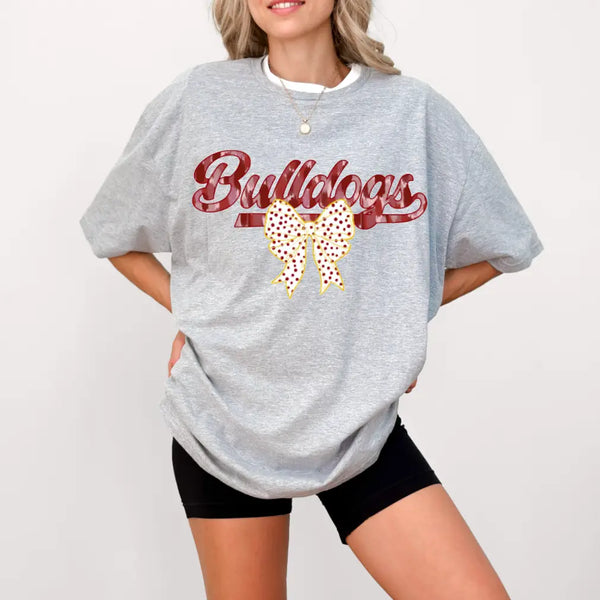 Watercolor Bulldogs Coquette Bow Tee