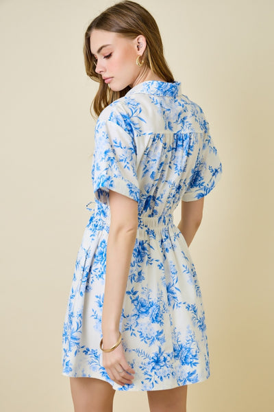 Floral Print Shirt Dress W/ Elastic Waist