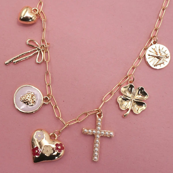 Charm Necklace-Cross Clover Heart Bow