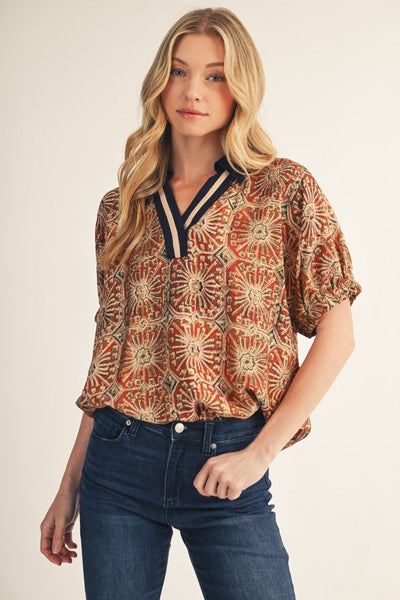 Contrast Accent Boho Print Top