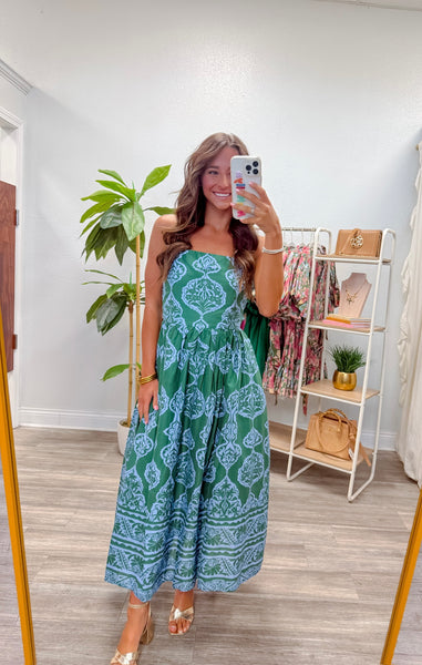 Printed Strapless Midi Dress