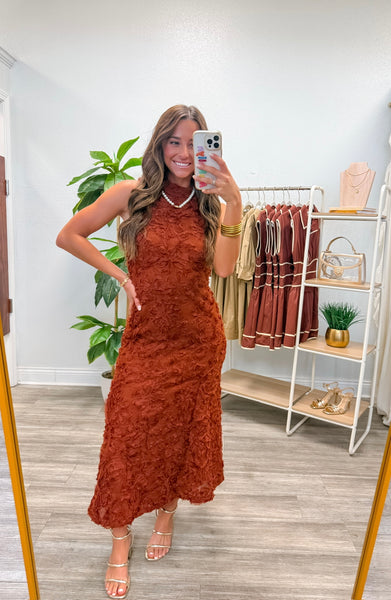 Flower Applique Mock Neck Midi Dress
