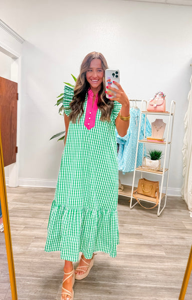Gingham Flutter Sleeve Midi Dress