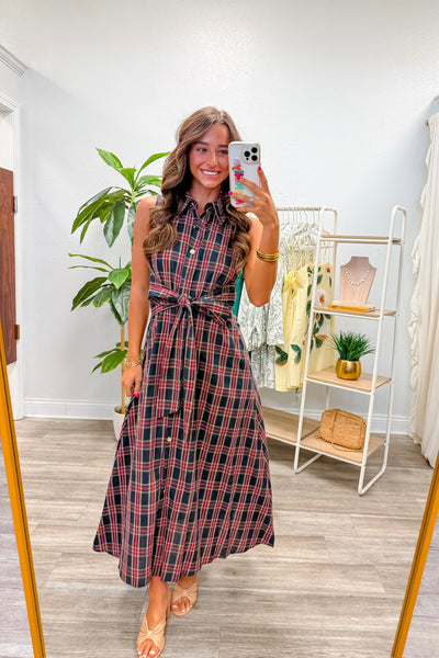 Plaid Collared Sleeveless Midi Dress