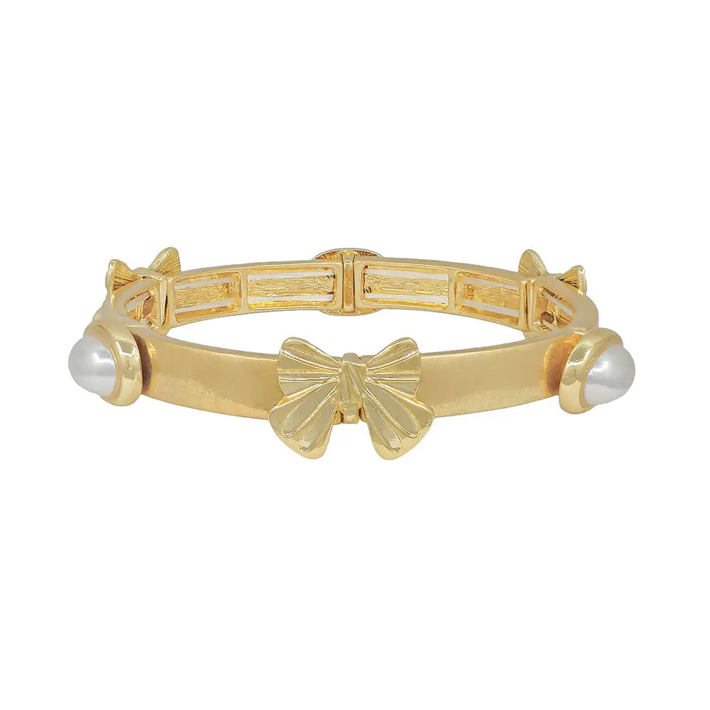 Worn Gold Stretch Bracelet w/ Bow & Pearl Accents