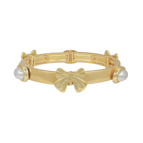 Worn Gold Stretch Bracelet w/ Bow & Pearl Accents