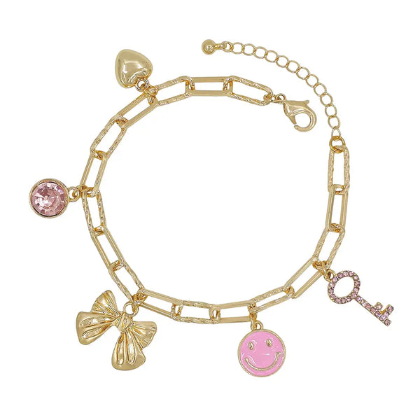Gold Chain w/ Bow, Pink Smile, Heart, & Key Charm Bracelet
