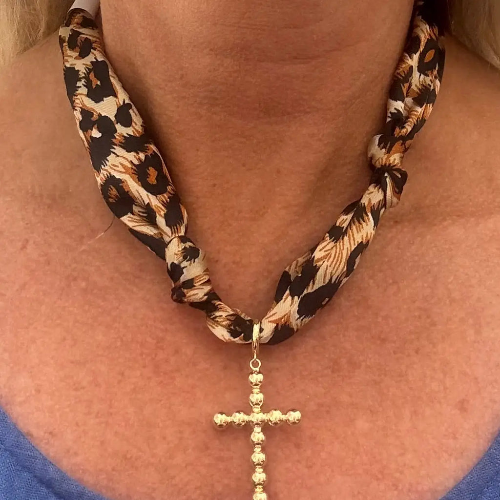 Cheetah Print Scarf Necklace with Cross Charm