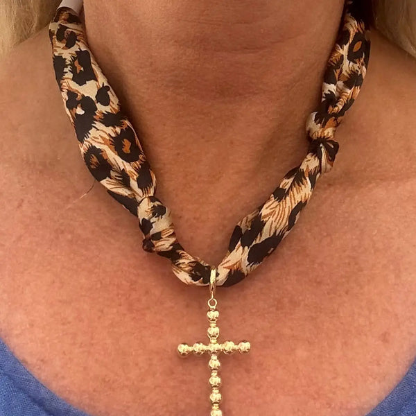 Cheetah Print Scarf Necklace with Cross Charm
