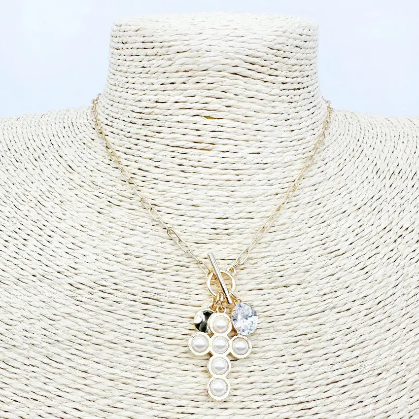 Pearl Beaded Cross and Crystal Charm 16"-18" Necklace
