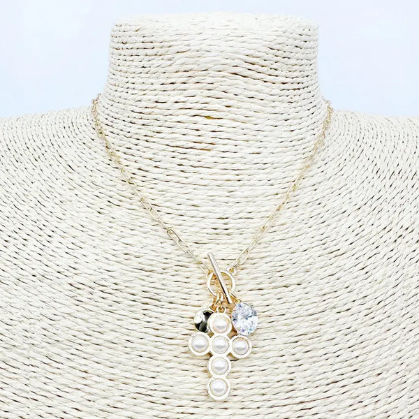 Pearl Beaded Cross and Crystal Charm 16"-18" Necklace