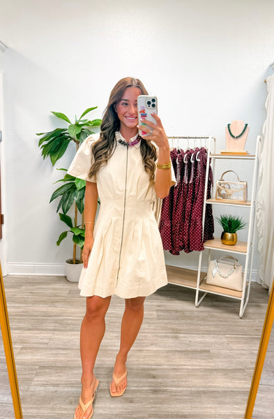Pleated Twill Utility Mini Dress
