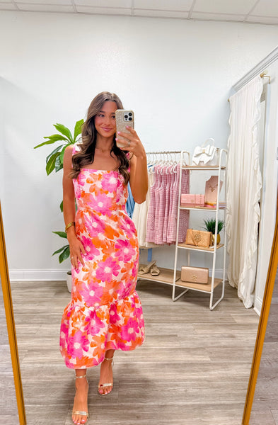 Floral Jacquard Ruffle Hem Midi Dress
