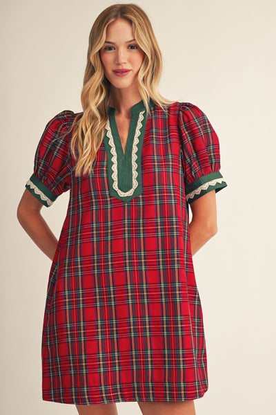 Lace Trim Detail Plaid Shift Dress