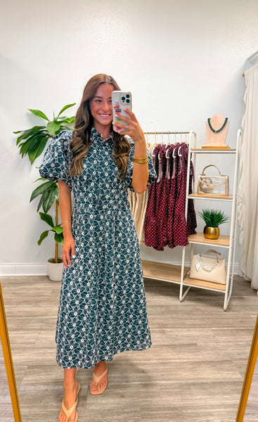 Floral Eyelet Lace Button Down Midi Dress