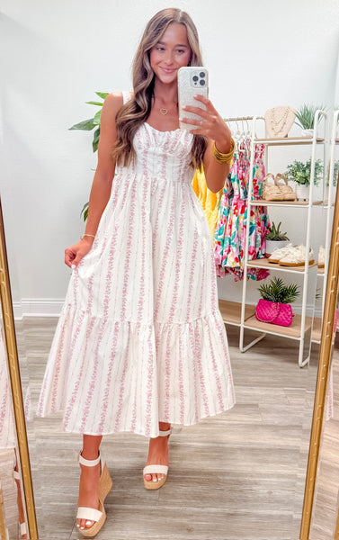 Floral Stripe Button Detail Maxi Dress