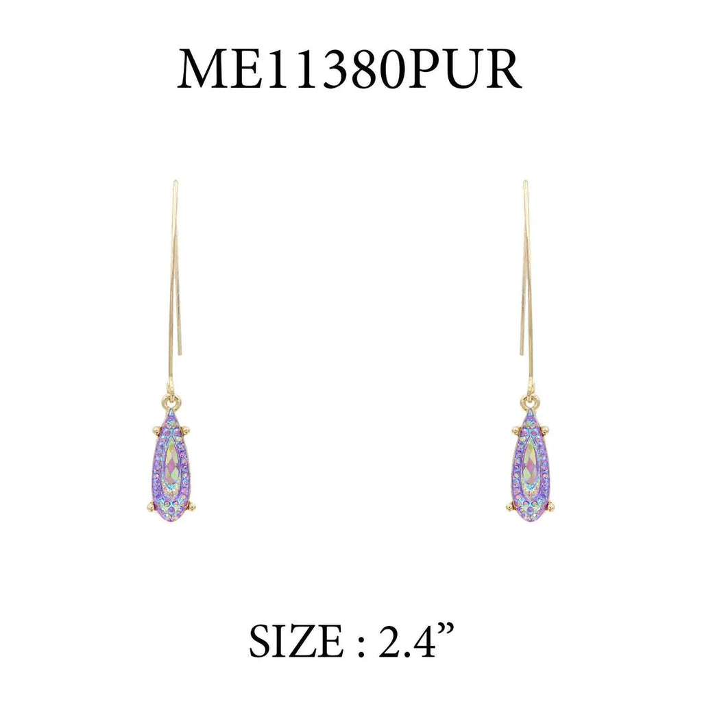 Gold Fish Hook Teardrop w/ Purple Crystal Teardrop 2.5" Earring