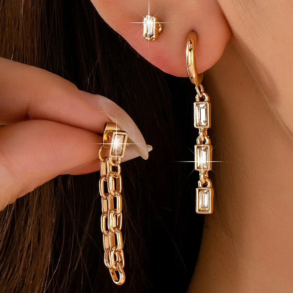 Geometric Baguette Stud & Chain Trio Earring Set