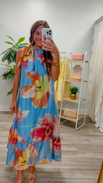 Ruffle Neck Tie Sleeveless Midi Floral Dress