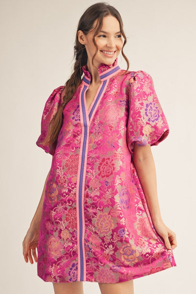 Ruffled Neckline Floral Jacquard Dress