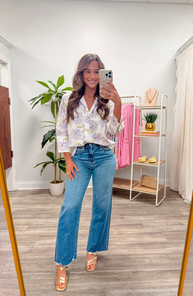 Big Pearl Button Accent Floral Top