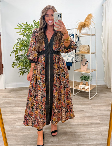 Paisley Print Puff Sleeve Midi Dress