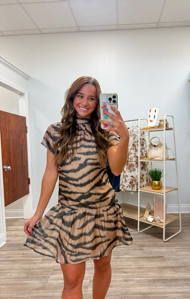 Print Organza Mock Neck Mini Dress