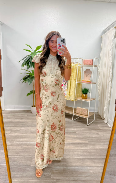 Floral Satin Lace Keyhole Back Maxi Dress