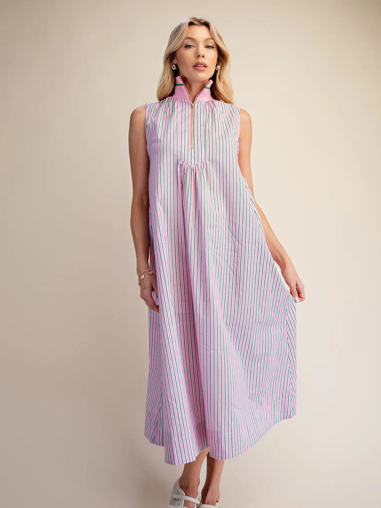 Stripe Half Zip A-Line Maxi Dress