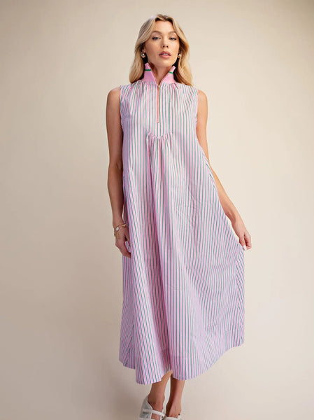 Stripe Half Zip A-Line Maxi Dress