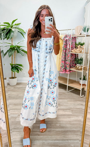 Floral Embroidered Shoulder Strap Midi Dress