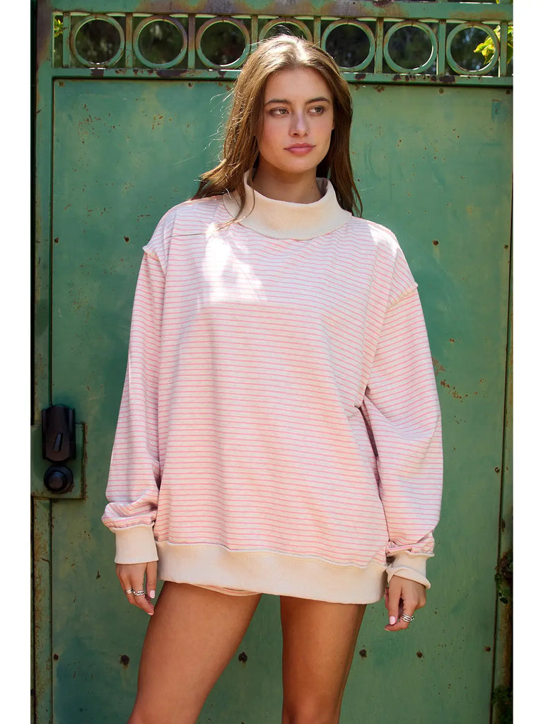 Stripe Mock Neck Oversized Sweatshirt