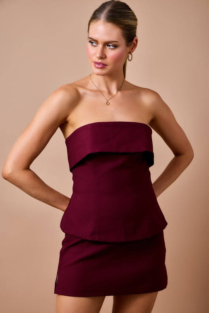 Crepe Strapless Fold Over Peplum Top