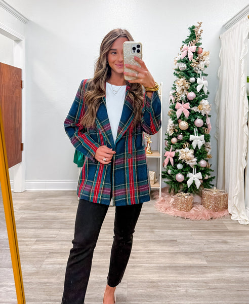Tweed Padded Shoulder Plaid Blazer