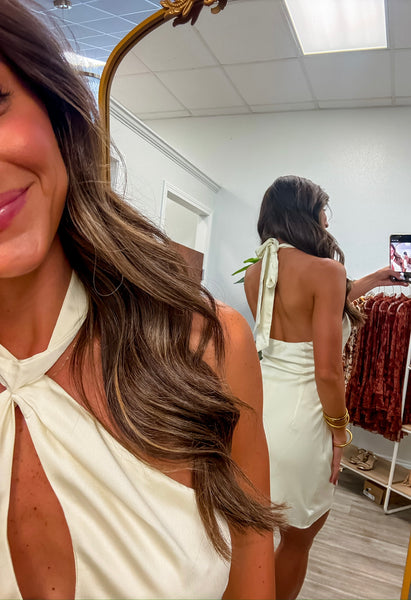 Cross Halter Tie Neck Satin Mini Dress