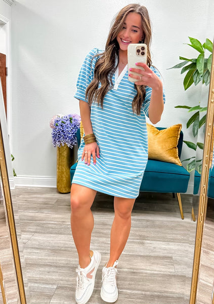 Stripe V-Neck Puff Sleeve Mini Dress