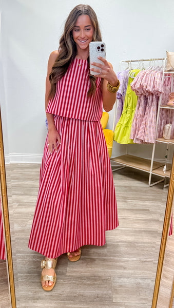 Stripe Pattern High Waist Pleated Midi Skirt