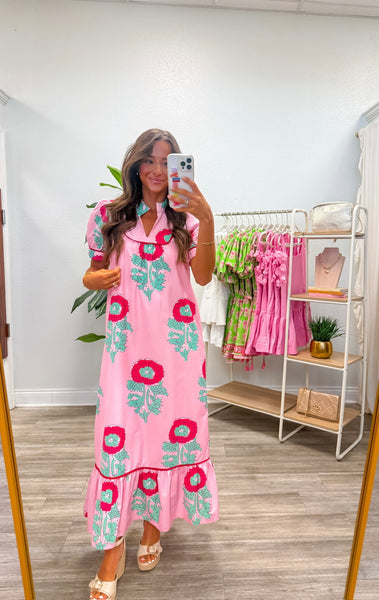 Floral Mandarin Collar Midi Dress