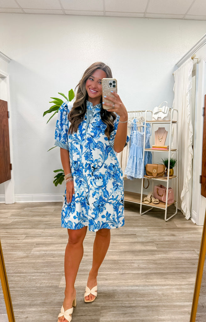 Stripe Contrast Accent Tropical Floral Dress