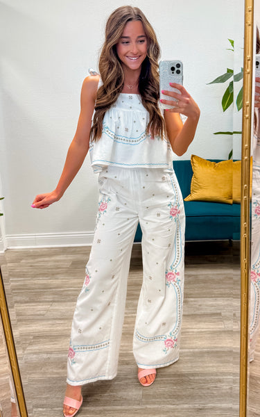 Embroidered Shoulder Tie Strap Top & Pants Set