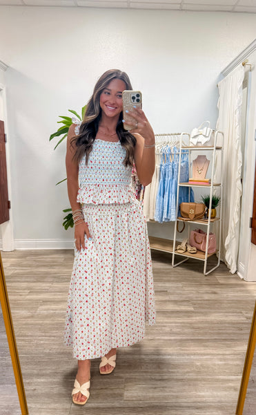 Smocked Bodice Top & Midi Skirt Set