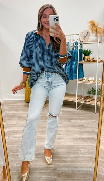 3/4 Sleeve Half Zip Striped Top