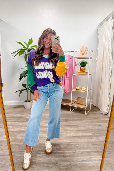 Colorblock Fuzzy Mardi Gras Sweater