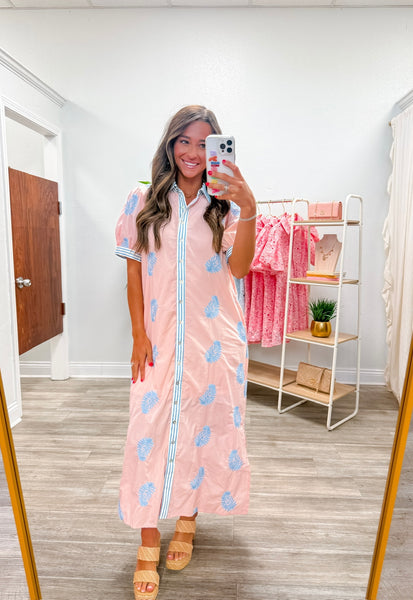 Embroidered Puff Sleeve Midi Dress