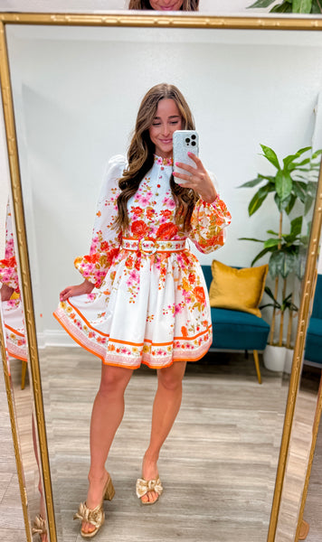Mock Neck Floral Border Print Mini Dress