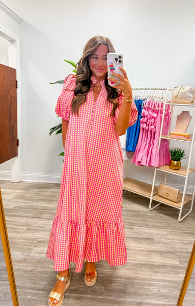 Gingham Short Puff Sleeve Midi Dress
