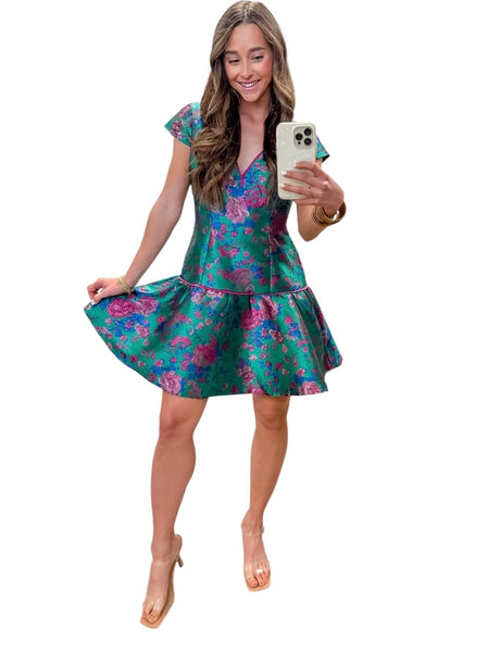 Floral Jacquard V-Neck Mini Dress