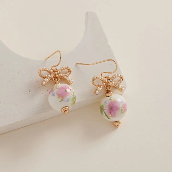 Round Shaped Ceramic Bead Brass Hook Earrings