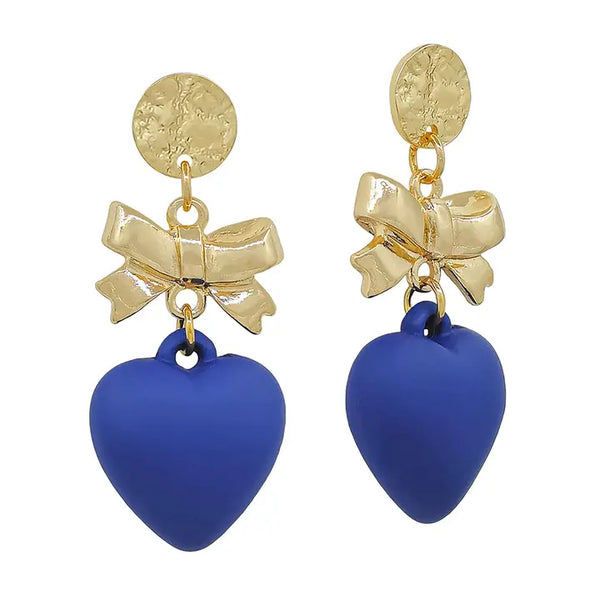 Hammered Circle Stud w/ Gold Bow Heart 2" Drop Earring